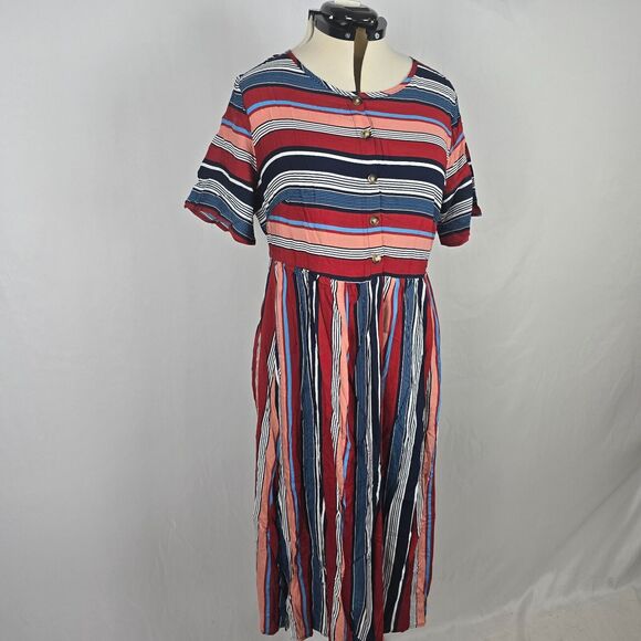 Bloomchic Dress Women's 1X Red Multiple Color Striped Contrast Short Sleeve NWT - Picture 13 of 13
